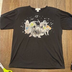 Black T-Shirt women with cowboy Cat Graphic shoulder pad vintage 90's 22" across